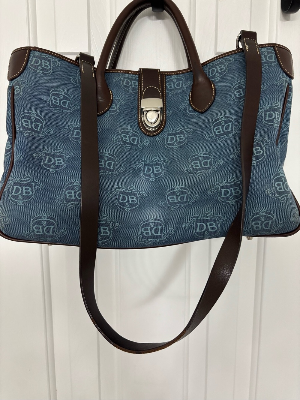 Dooney & Bourke Blue Logo Canvas Satchel with Brown Leather Accents